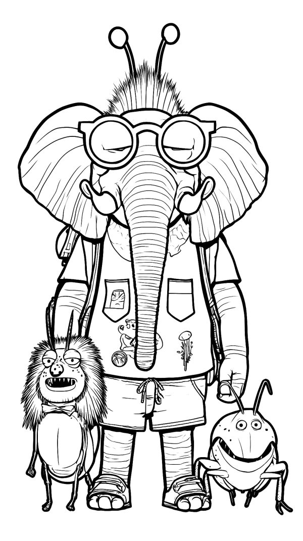 Elephant with Bug Buddies — coloring page