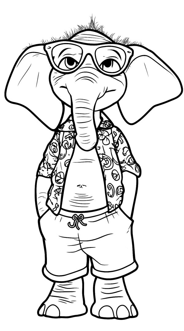 Cool Elephant in Glasses — coloring page
