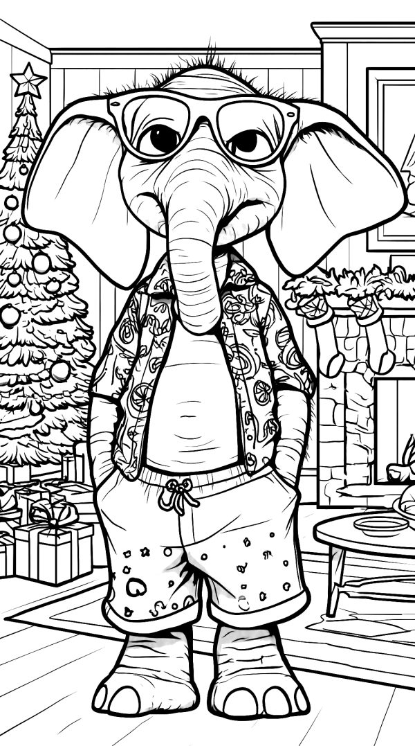 Christmas Party Elephant with Glasses — coloring page
