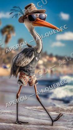 A Big Bird with a Hat and Clothes Walking on the Beach