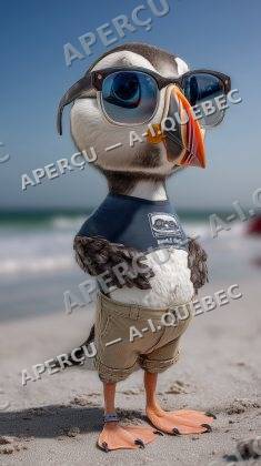A Wonderful Puffin at the Beach with Sunglasses Walking Confidently